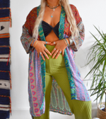 Bohemian Patchwork Long Sari Silk Kimono
