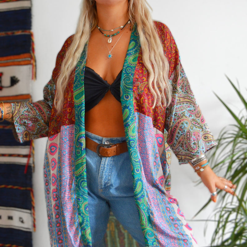 Bohemian Patchwork Long Sari Silk Kimono