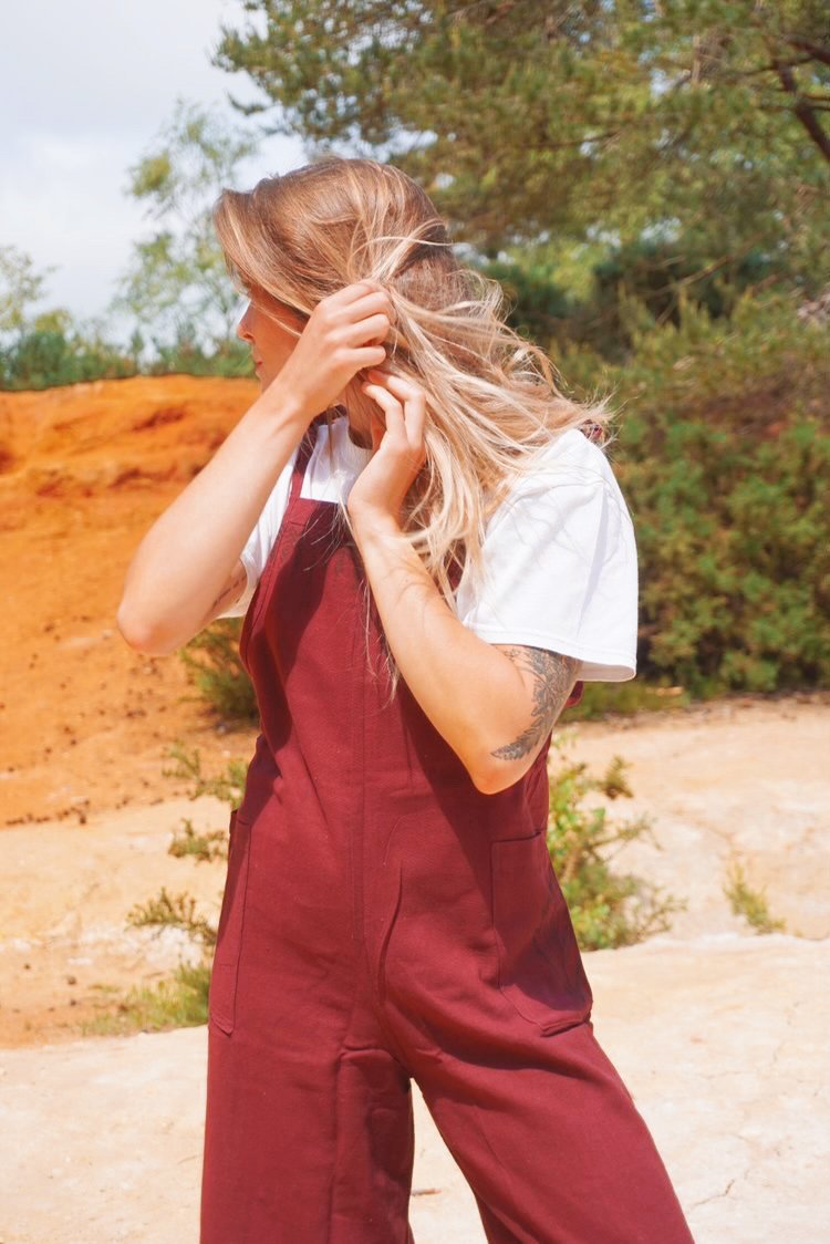 Bodhi Raw Cotton Dungarees in Maroon